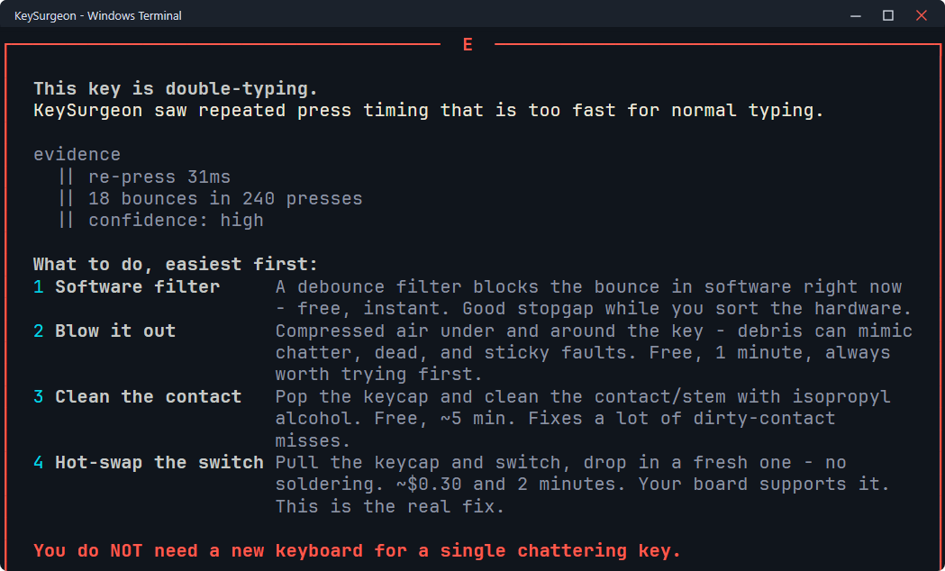 KeySurgeon terminal diagnosis demo screenshot